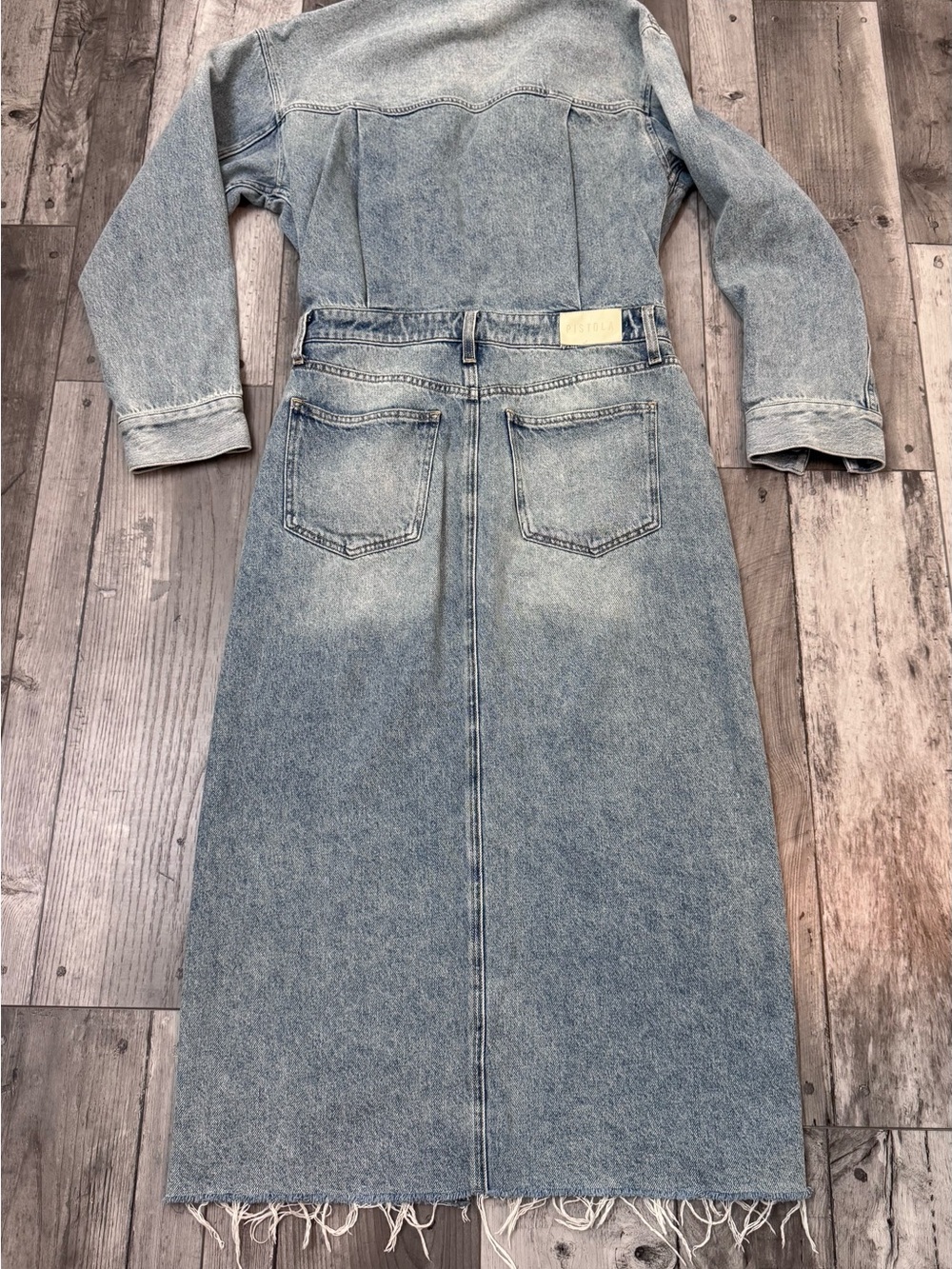 Pistola Amira Midi Dress Denim Dress Long Sleeve Maxi Frayed Hem Blue Medium - Picture 4 of 9